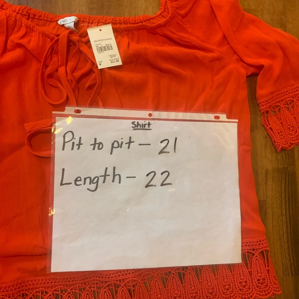 CATO NWT top Medium Poinciana Orange Crocheted trim sleeves bottom off shoulder - Picture 3 of 6